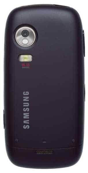 Samsung Instinct HD rear view showing dark gray body, camera lens, LED flash, and Samsung branding