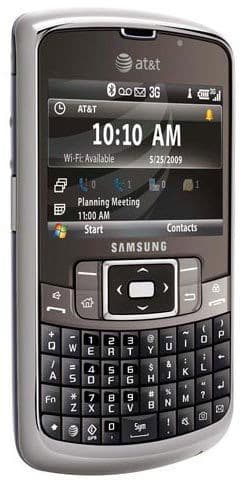 Samsung Jack i637 front view, showing screen displaying time 10:10 AM and keyboard below