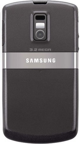 Samsung Jack i637 flip phone, front view, showing closed dark gray exterior with camera and silver band