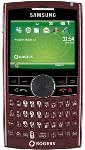 Samsung Jack Merlot phone, front view, with red and black casing, QWERTY keyboard, and green display screen