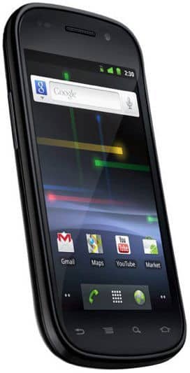 Samsung Nexus S front view, black smartphone displaying home screen with Google search bar and app icons including Gmail, Maps, YouTube, and Market