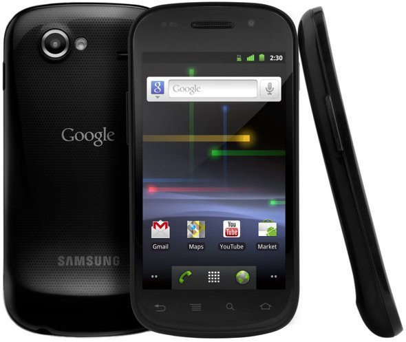 Samsung Nexus S front, back, and side views showing Google branding, camera, and home screen with Google search bar and app icons