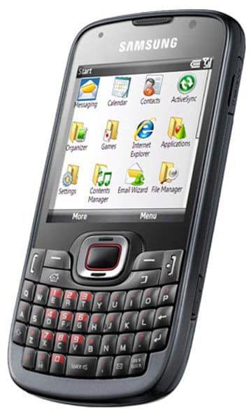 Samsung phone with QWERTY keyboard, front view, showing home screen with app icons including Messaging, Calendar, Contacts, and Applications
