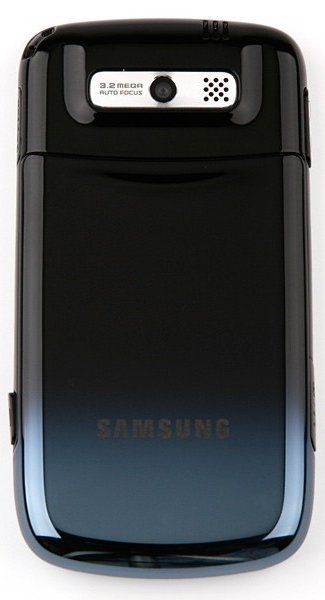 Samsung Messenger phone, rear view, black and blue slider design with camera and speaker visible at top