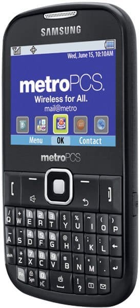 Samsung Freeform III front view with Metro PCS screen displayed, QWERTY keyboard, and navigation buttons visible