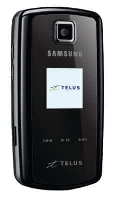 Samsung R540 Renaissance flip phone, front view, showing external display with TELUS branding and camera above screen