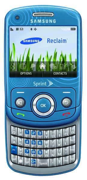 Samsung Reclaim M560 front view, blue phone with grass-themed home screen, QWERTY keyboard, and Sprint branding
