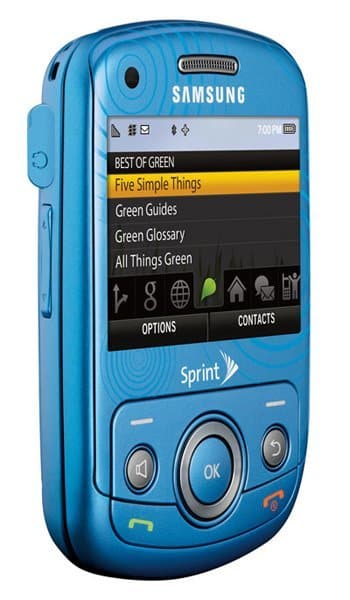 Samsung Reclaim M560 front view, blue phone with screen displaying menu options and navigation buttons below