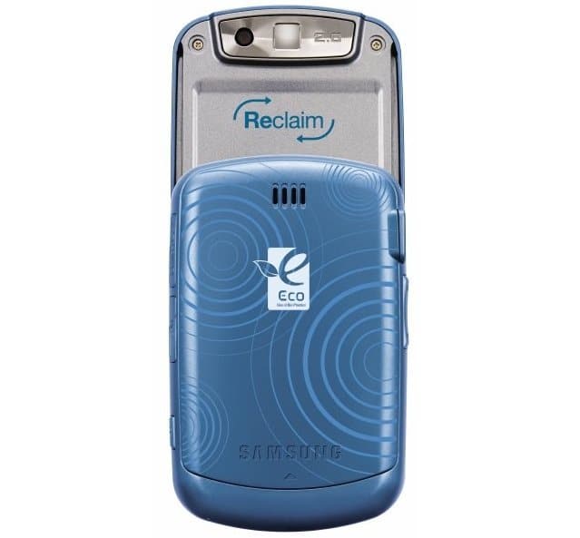 Samsung Reclaim M560 rear view, blue with concentric circle pattern, Eco logo, and silver upper section with camera and controls
