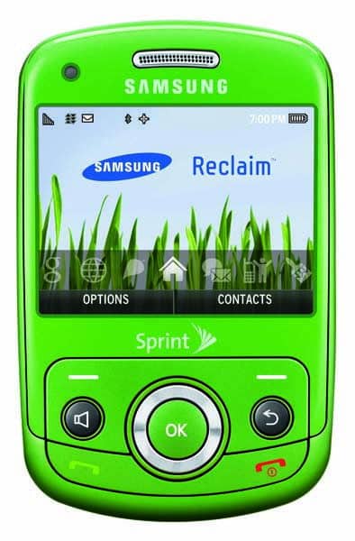 Samsung Reclaim M560 front view, bright green phone with display showing Reclaim home screen, navigation buttons below
