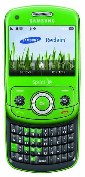 Samsung Reclaim M560 front view, bright green phone with screen displaying Reclaim interface, physical QWERTY keyboard below