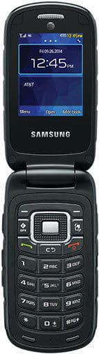 Samsung Rugby 4 flip phone, open, showing blue display with time 12:45 PM and closed keypad below