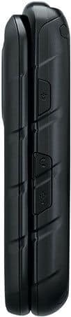 Samsung Rugby 4 phone shown closed from the side, displaying its rugged black exterior with reinforced edges and physical buttons