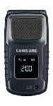 Samsung Rugby A836 mobile phone, front view, closed position with textured dark casing and small display screen visible