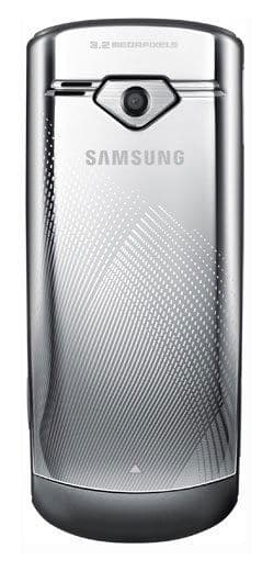 Samsung S5350 Shark mobile phone, rear view, silver with textured back and camera lens visible
