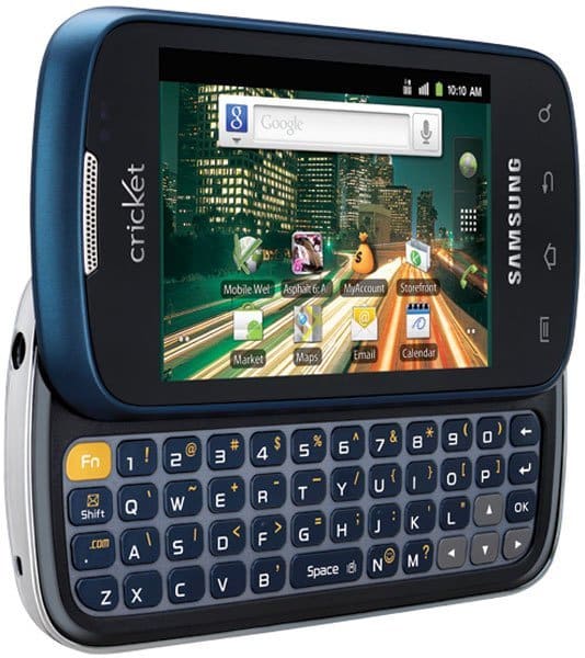 Samsung Transfix front view, showing blue and silver slider phone with slide-out QWERTY keyboard and home screen displayed on touchscreen