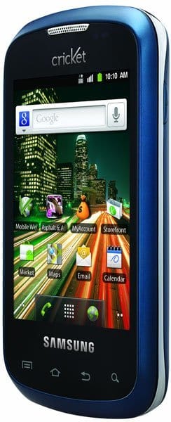 Samsung Transfix smartphone, front view, with blue casing, touchscreen displaying home screen with app icons and Google search bar