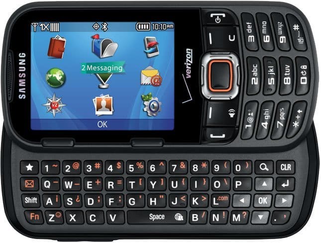 Samsung Intensity III front view, showing screen displaying home menu with messaging icon and full QWERTY keyboard below
