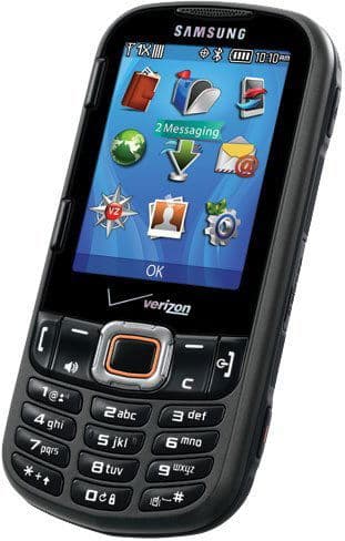 Samsung Intensity III front view, black flip phone with blue screen displaying app icons and Verizon branding