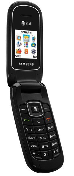 Samsung A107 flip phone, open, displaying home screen with AT&T branding and app icons above numeric keypad