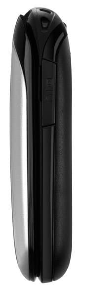 Samsung A107 phone, folded closed view showing black exterior with silver accent stripe