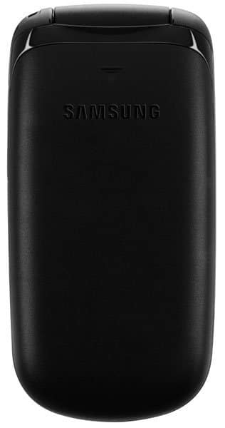 Samsung A107 black flip phone, rear view, closed position