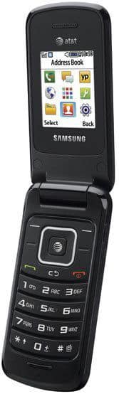Samsung A157 flip phone, open position, showing Address Book menu on screen