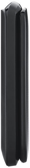 Samsung A157 phone viewed from the side, showing its narrow rectangular flip design in black