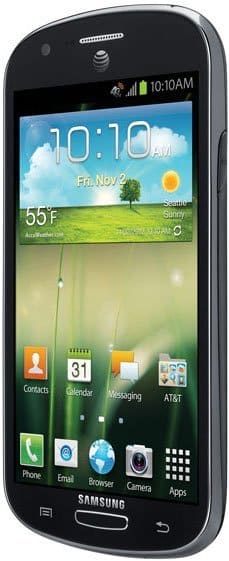 Front view of Samsung Galaxy Express with black frame, home screen active showing time, date, weather, and app icons.