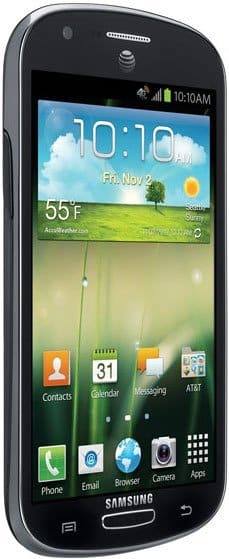 Front view of black Samsung Galaxy Express showing home screen, app icons, weather, 10:10 AM clock, and AT&T branding.