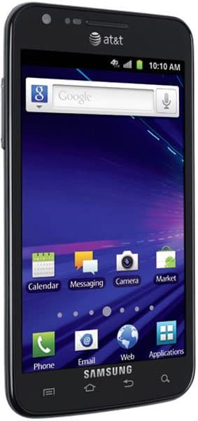 Front view of Samsung Galaxy S II Skyrocket (AT&T), home screen showing Google search, 10:10 AM, and common app icons.