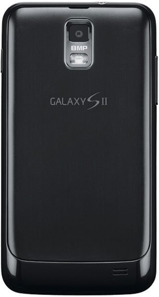 Rear view of black Samsung Galaxy S II Skyrocket showing "GALAXY S II" branding, 8MP camera, flash, and bottom speaker grille.