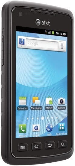 Samsung Rugby Smart front view with AT&T branding, touchscreen displaying home screen with app icons and Google search bar