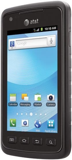 Samsung Rugby Smart phone front view, showing home screen with Google search bar, app icons, and AT&T branding
