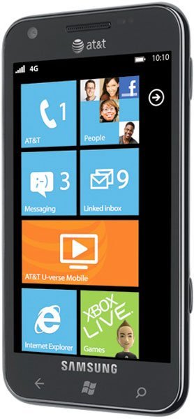 Samsung Focus S front view showing Windows Phone home screen with app tiles including Phone, People, Messaging, Linked Inbox, and AT&T U-verse Mobile