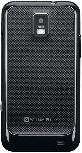 Samsung Focus S smartphone, rear view, showing textured black back panel with camera and flash