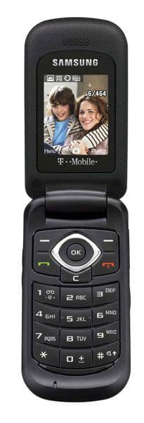 Samsung Mayon flip phone, open, displaying photo on screen with keypad visible below