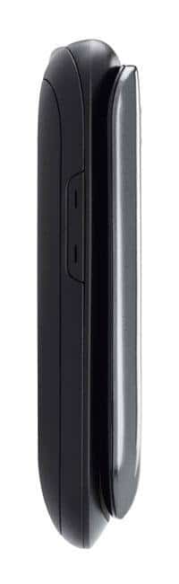 Samsung Mayon flip phone, side view, closed, dark gray with rounded edges and silver accent strip