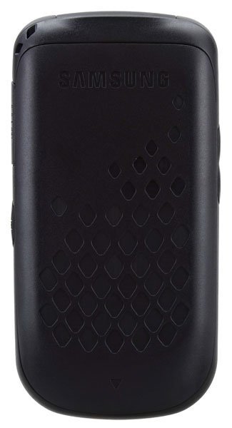 Samsung Mayon flip phone, closed, front view showing textured back panel with curved design in black