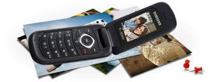 Samsung Mayon flip phone displayed open and closed, shown with photo prints and red pushpins