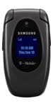 Samsung SGH-T419 flip phone, front view, closed with screen displaying blue text and icons