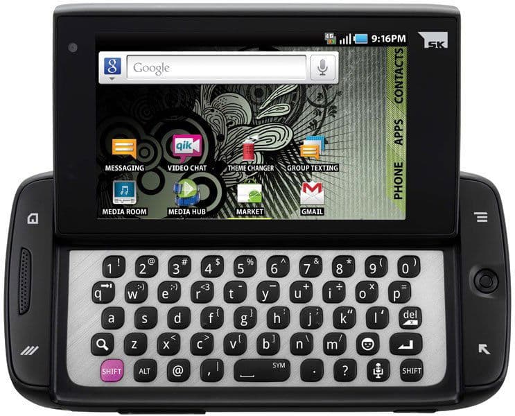 Sidekick 4G front view, displaying home screen with Google search bar and app icons including Messaging, Video Chat, and Gmail above a full QWERTY keyboard