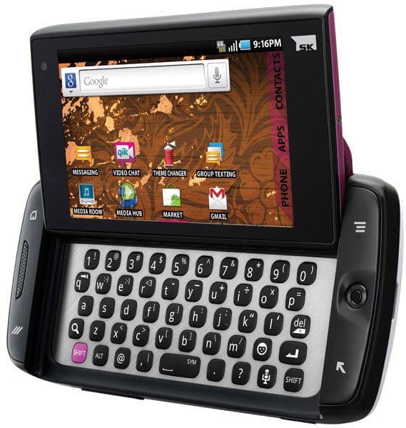 Sidekick 4G front view with slide-out QWERTY keyboard, touchscreen displaying home screen with Google search bar and app icons, black casing with magenta accents