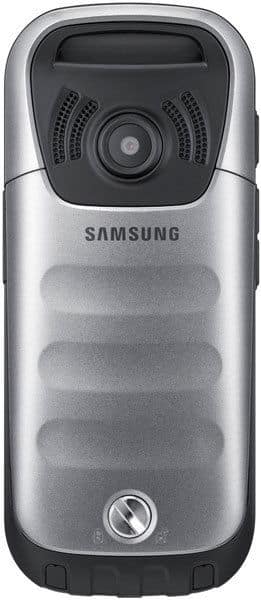 Samsung Solid Xcover front view, silver and black rugged phone with textured back and camera lens