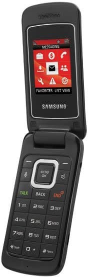 Samsung Entro flip phone open, showing red messaging screen on upper display and numeric keypad on lower half