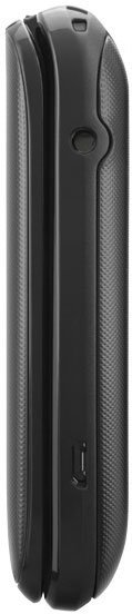 Samsung Entro flip phone, side view, closed position, dark gray with textured panels and external display