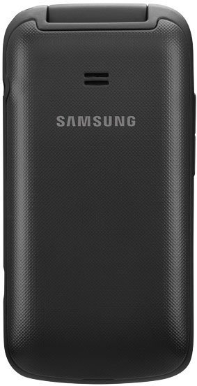 Samsung Entro flip phone, rear view, showing textured dark gray back panel with Samsung branding and antenna slot