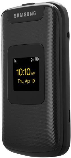 Samsung Entro flip phone, open position, showing external display with time and date on black exterior