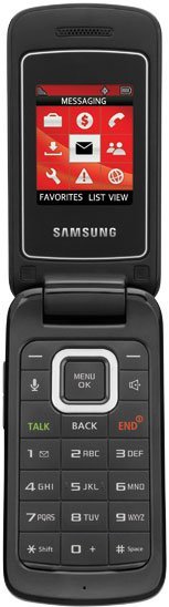 Samsung Entro flip phone, open, displaying red messaging menu on upper screen with icons and keypad visible on lower half
