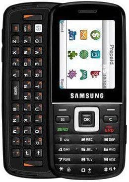 Samsung SGH-T401G front view, black phone with slide-out QWERTY keyboard and colorful app icons displayed on screen
